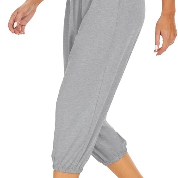 Light Heather Charcoal Women's High Rise Drawstring Tapered Capris Joggers with - Picture 3 of 5